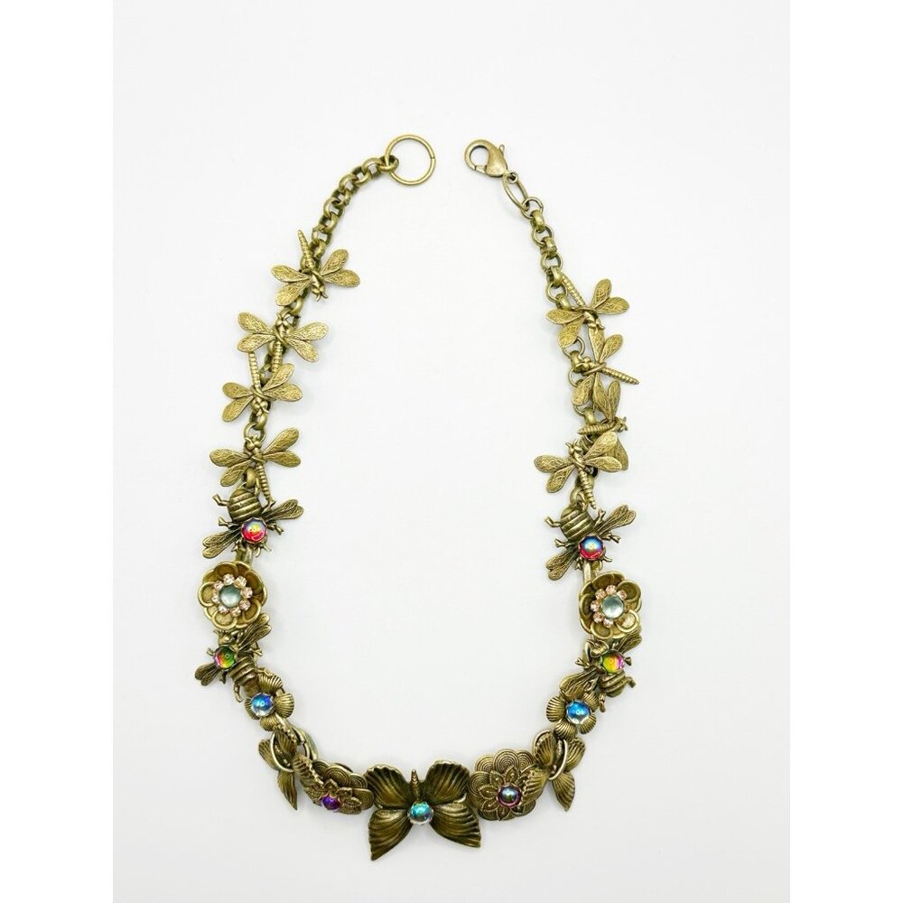Butterfly, Bees, Dragonflies Floral Goldtone Jeweled Choker Necklace 15.5” - Picture 6 of 8